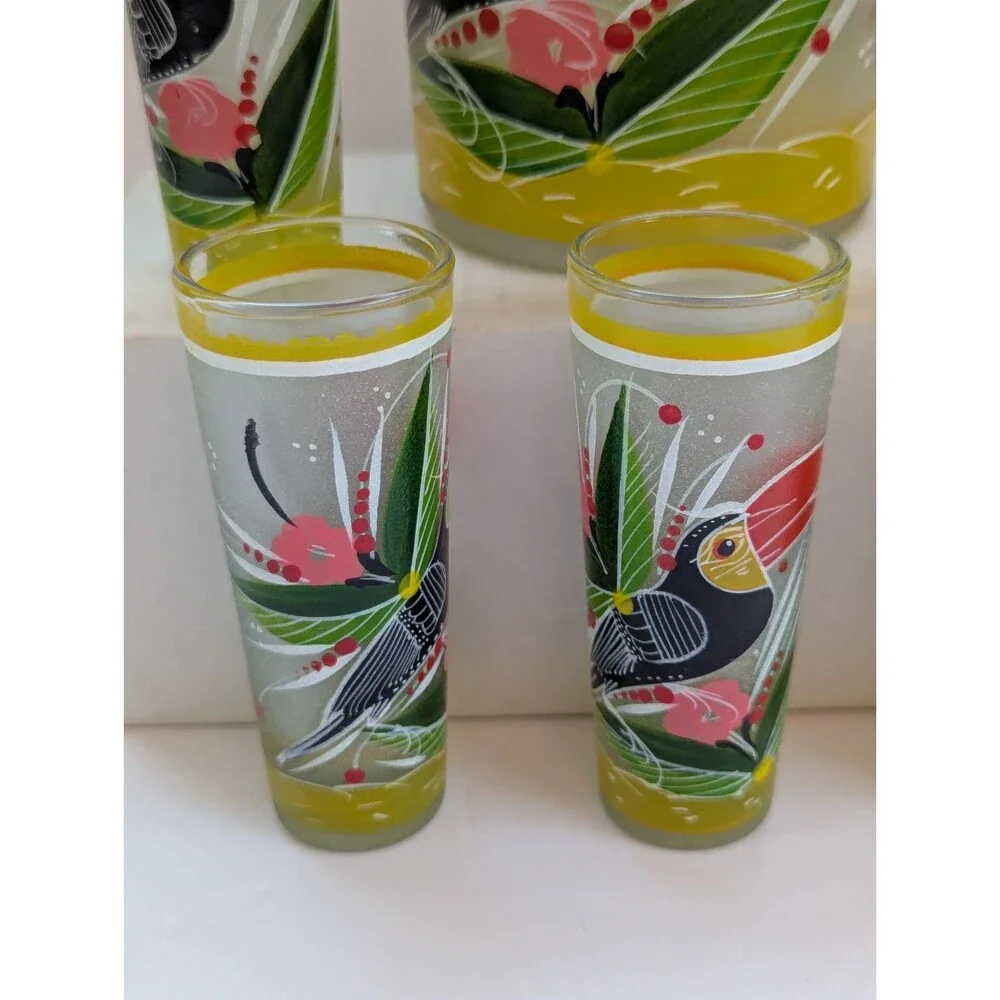 Tropical Toucan Bird Tequila Decanter And Shot Glass Set Hand Painted Frosted 9